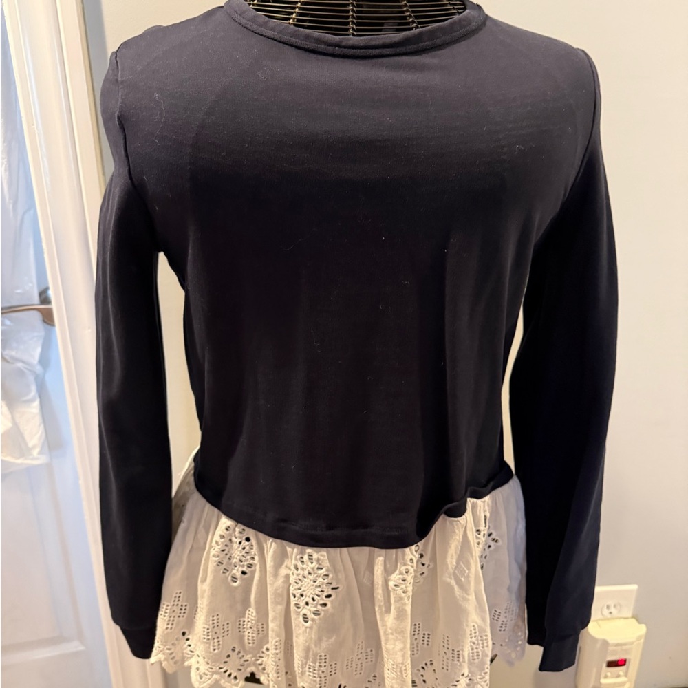 Elegant Navy and  White Lace Hem Top